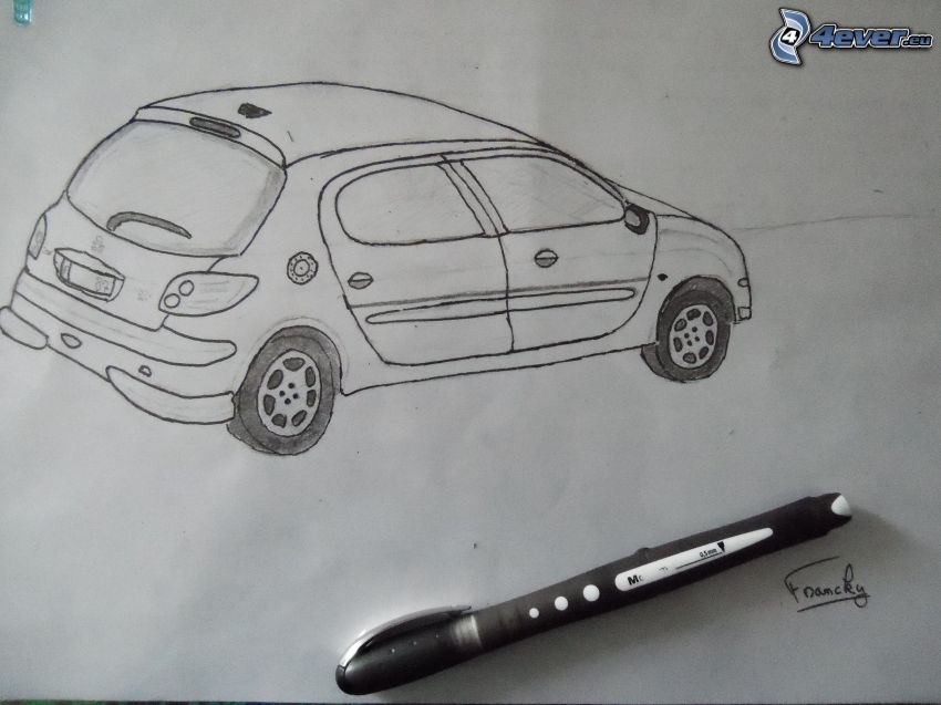 Peugeot, cartoon car, pen