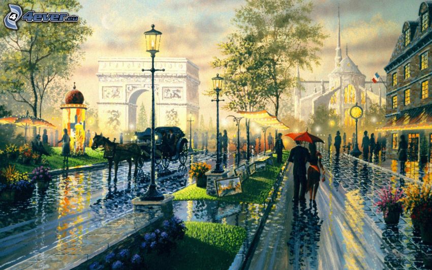 street, people, carriage, Arc de Triomphe, rain, painting