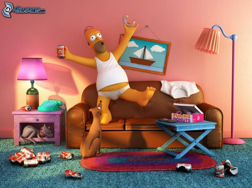 Homer Simpson, living room, couch, brown dog, cans, Lamp, phone, picture, sailing boat