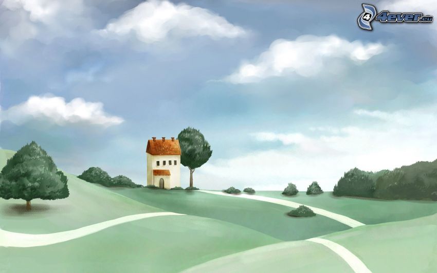 house, meadow, road, sky
