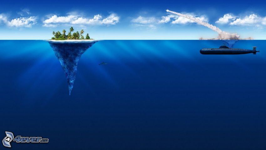 island, submarine, sea
