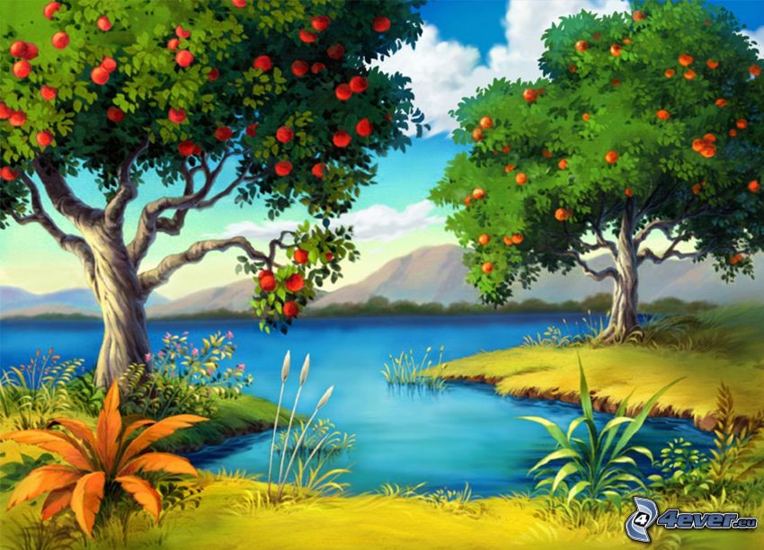 lake, Malus, red apples