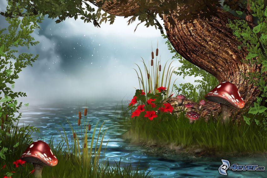 lake, tree, grass, red toadstool, red flowers, ground fog