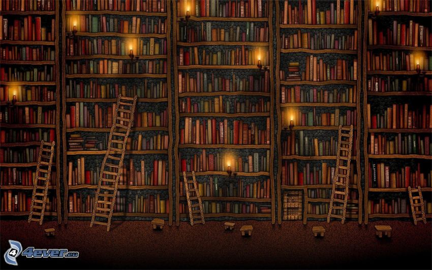 large library, ladder