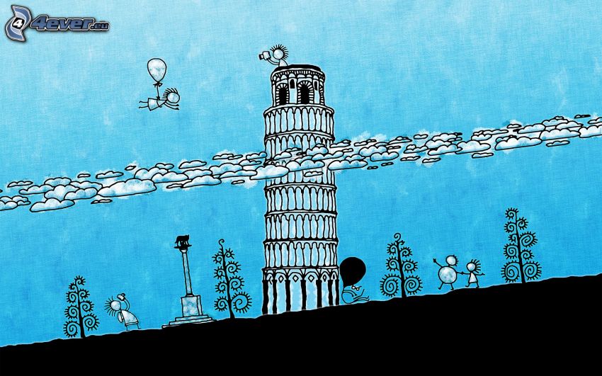 Leaning Tower of Pisa, stickmans, clouds