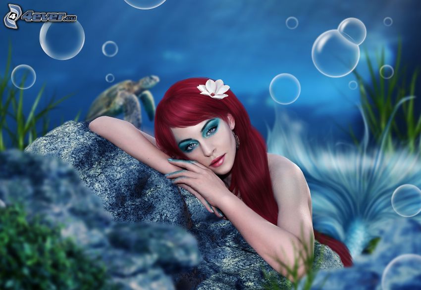 mermaid, redhead, bubbles, rock in the sea