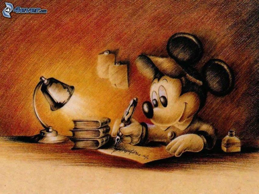 Mickey Mouse, pen, letter, books, Lamp