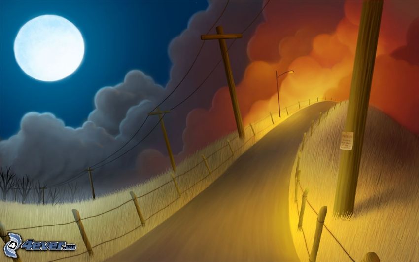 moon, road, power lines