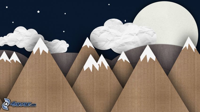 mountains, clouds, moon, night