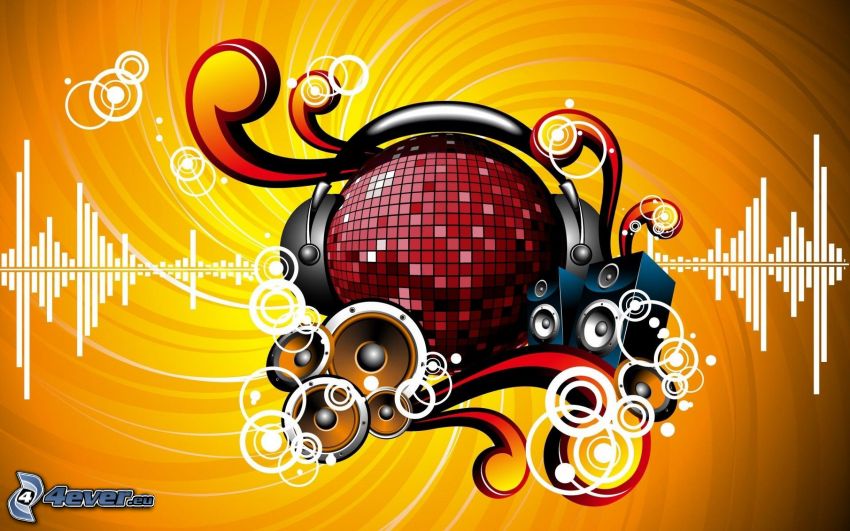 music, disco ball, speakers, headphones