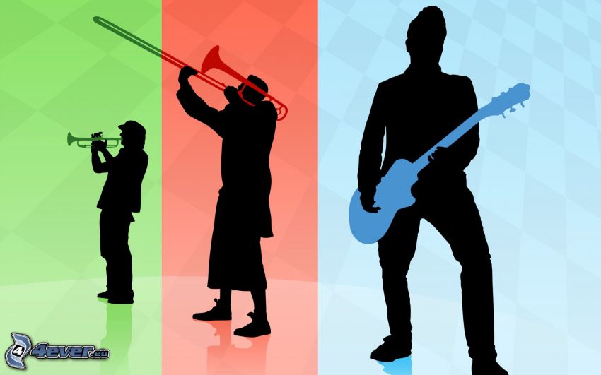 musicians, guitarist, trumpet, silhouette