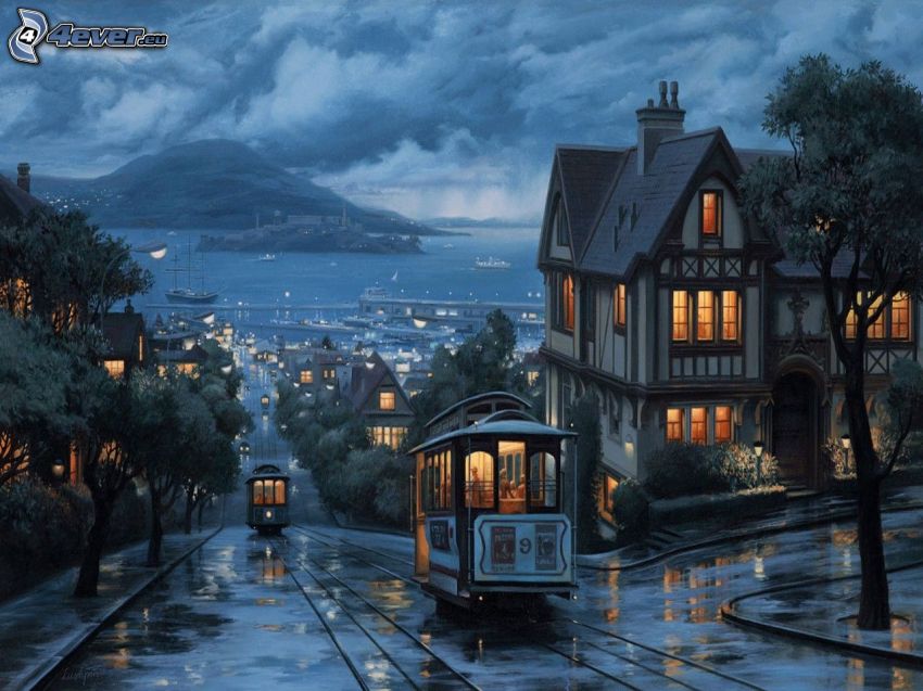 night city, trams, sea