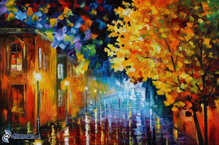 oil painting, street, street lights