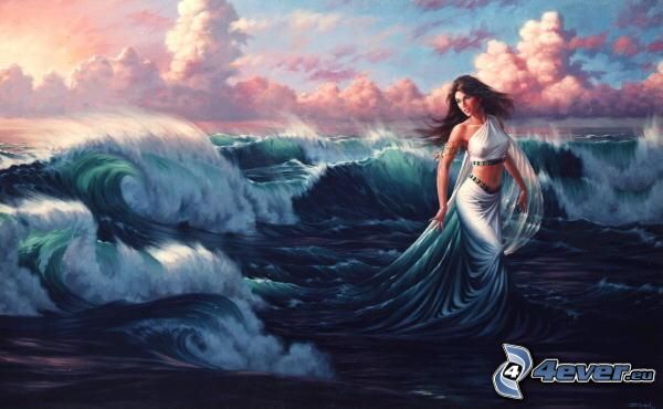 painted woman, waves, sea