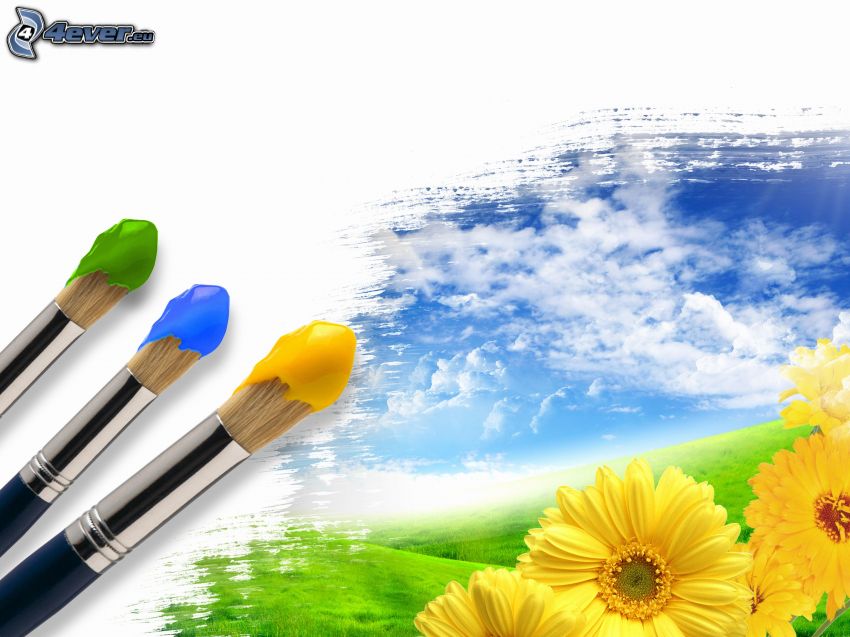 painting, brushes, yellow flowers