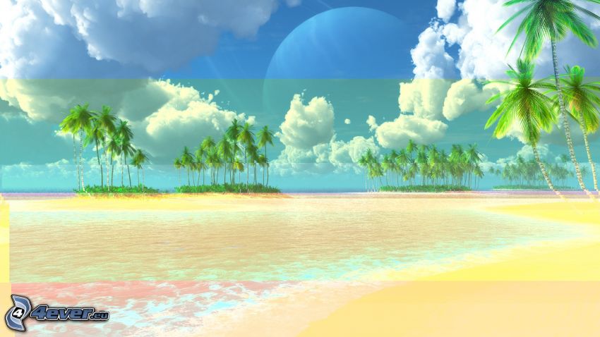 palm trees, beach, clouds