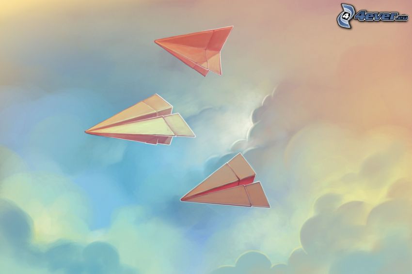 paper airplane, clouds