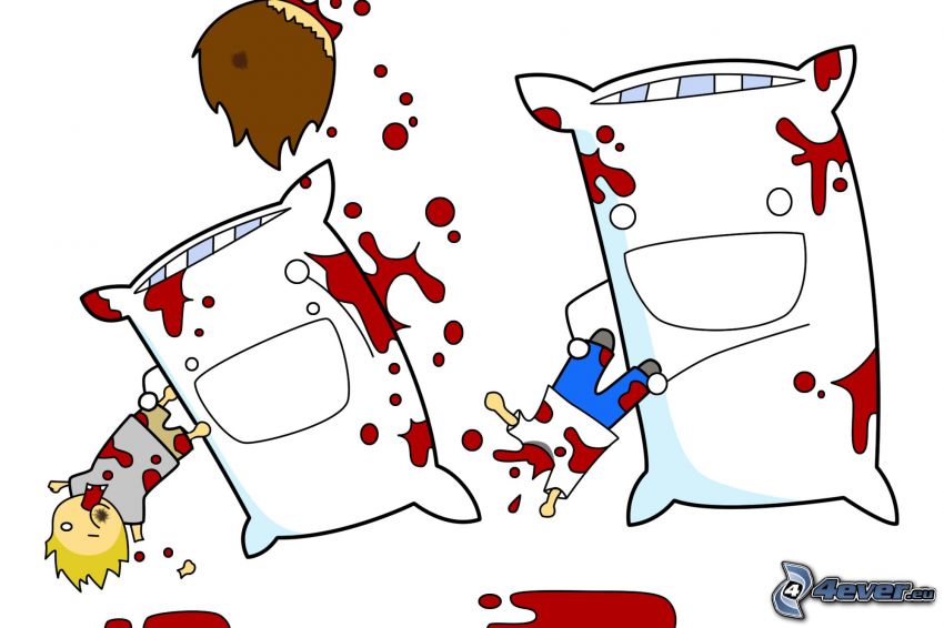 pillows, cartoon characters, battle, blood