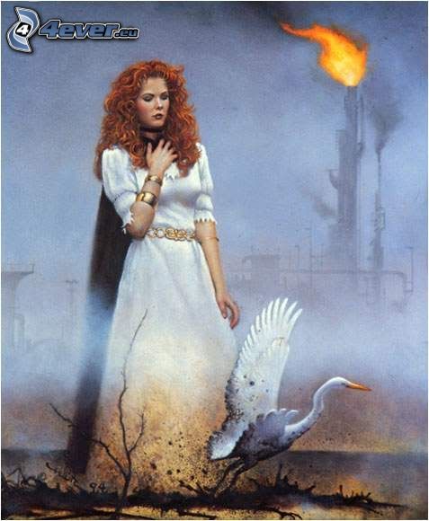 pollution, swan, woman, factory, crude oil