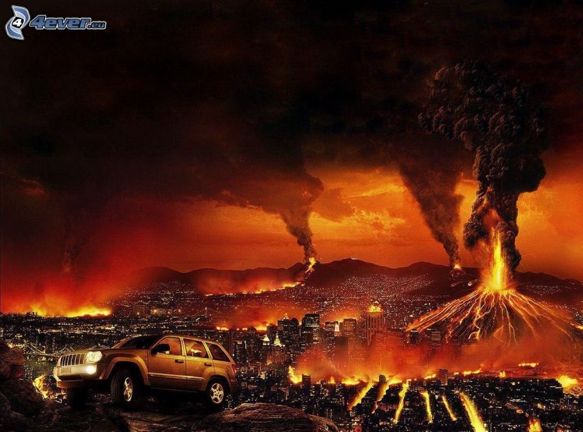 post apocalyptic city, Jeep, volcano eruption