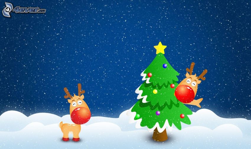 reindeers, christmas tree, snow