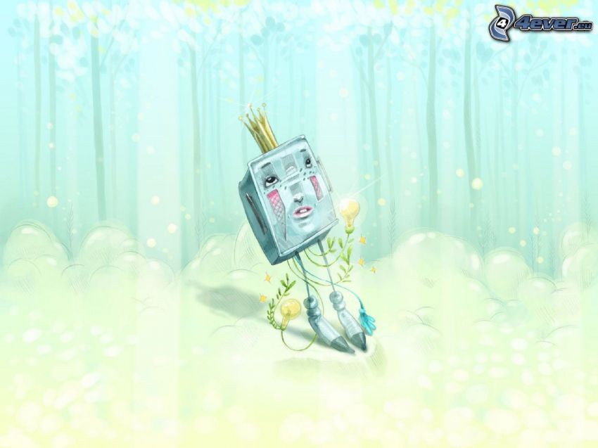 robot, forest, bubbles
