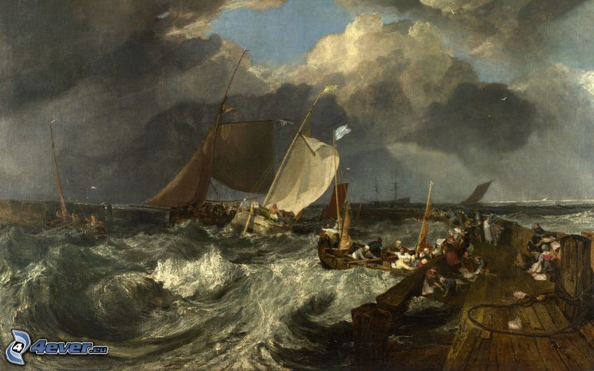 rough sea, harbor, sailboats
