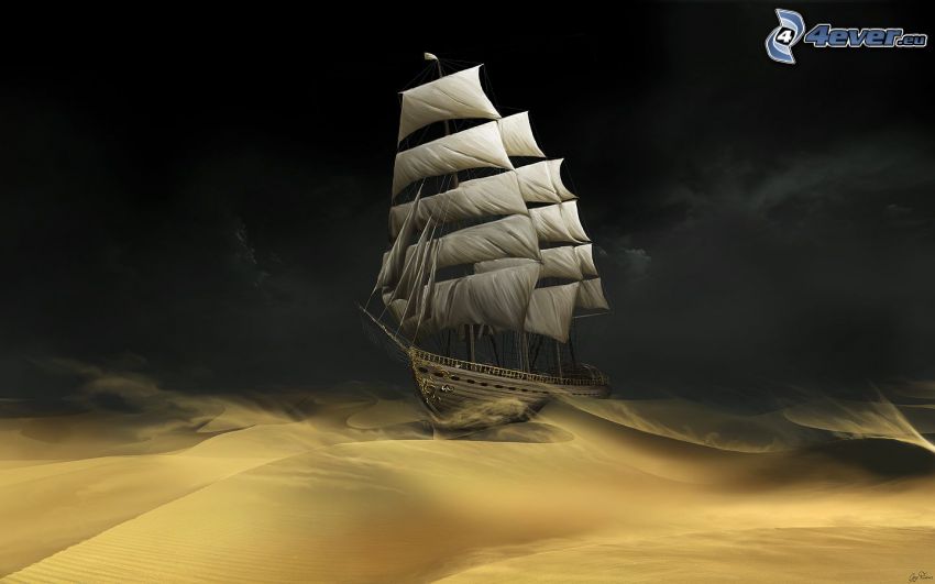 sailing boat, rough sea, desert