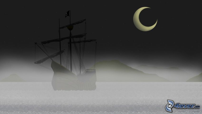 sailing boat, silhouette, moon, sea