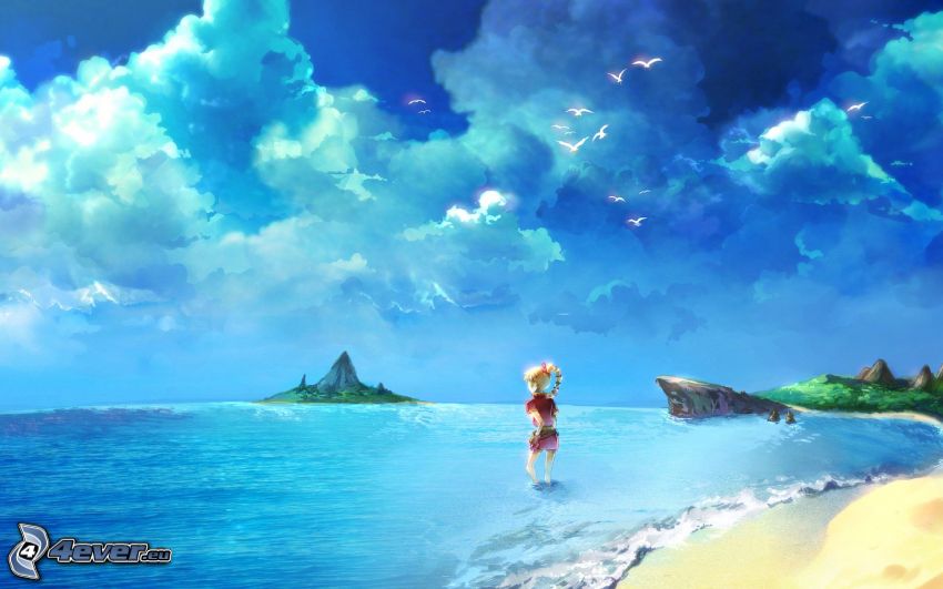sea, sky, girl, island