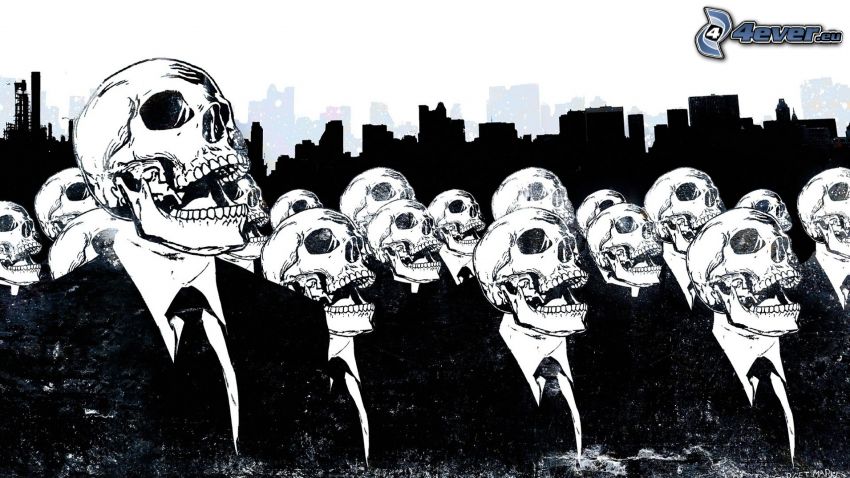 skulls, silhouettes of skyscrapers, black and white
