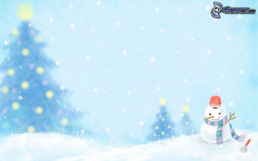 snowman, snow, christmas tree