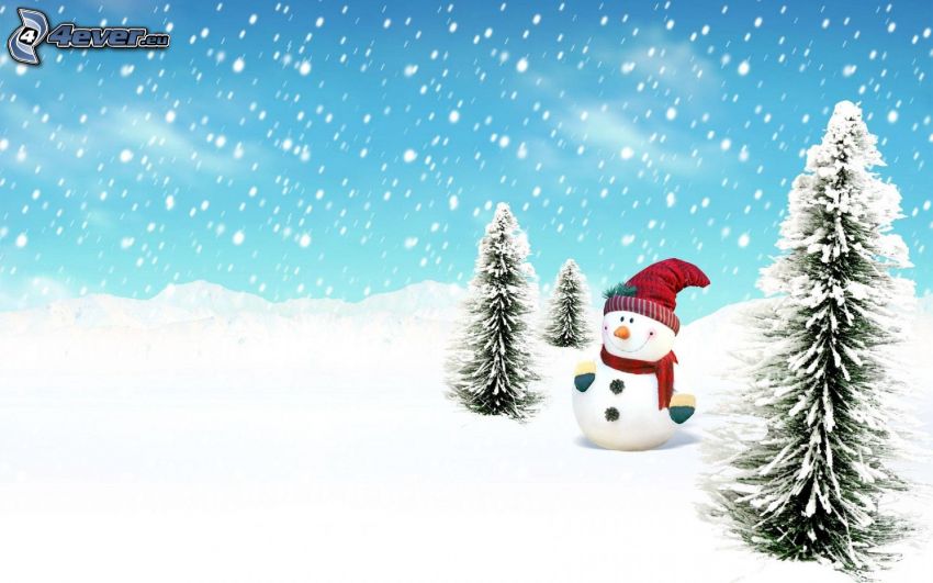 snowman, snowy trees, snowfall