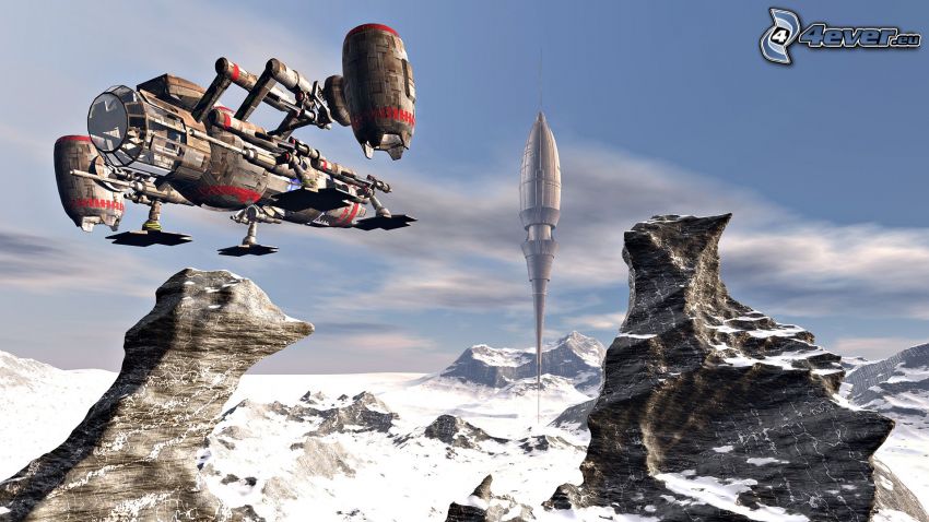 spaceship, rocks, snow, sci-fi