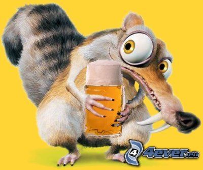 squirrel from the movie Ice Age, beer