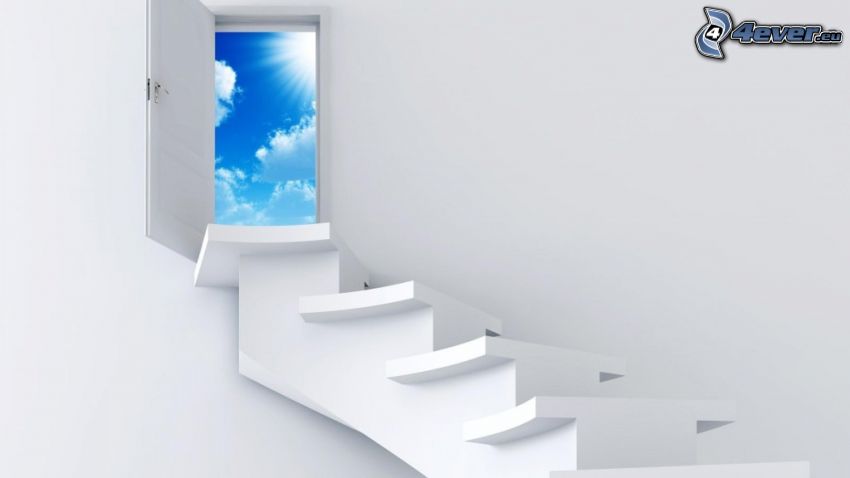 stairs to heaven, door, sky, sun, clouds