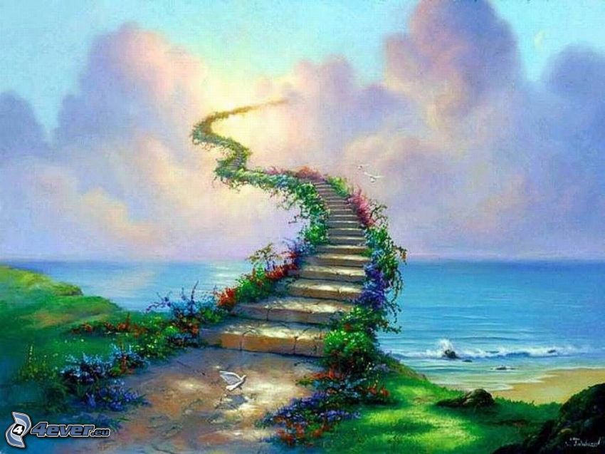 stairs to heaven, sea, clouds
