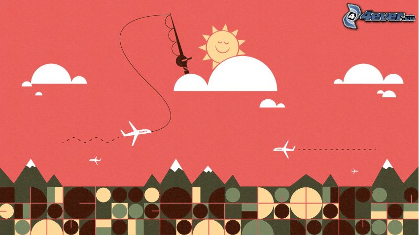 sun, fishing rod, airplanes, clouds