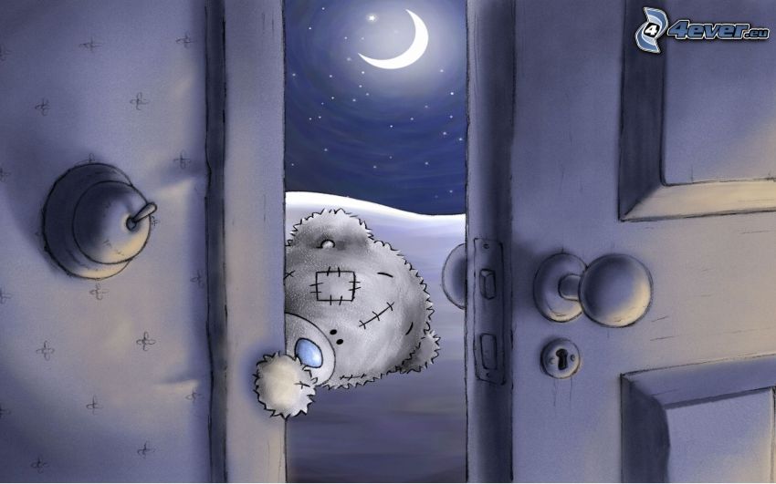 teddy bear, door, moon, night