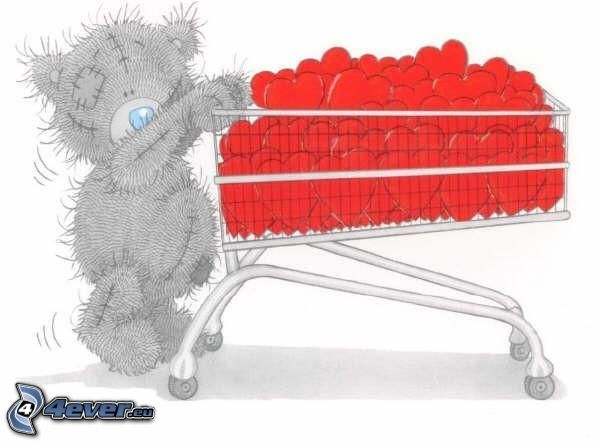 teddy bear and hearts, shopping basket