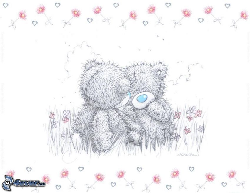 teddy bears, hearts, love, flowers, meadow