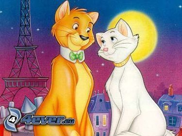 The Aristocats, cartoon couple, cats, romance, Eiffel Tower