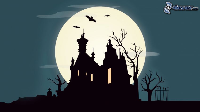 the silhouette of the church, moon, bats