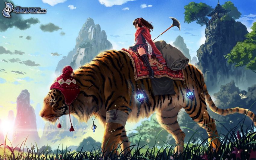 tiger, girl, mountains