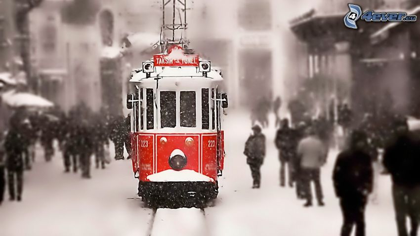 tram, people, snow