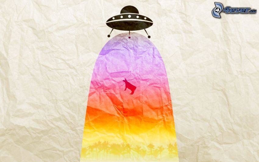 UFO, cow, silhouette, rainbow colors, paper