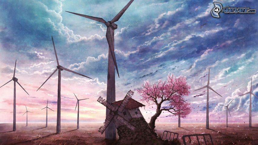 wind power plant, windmill, clouds