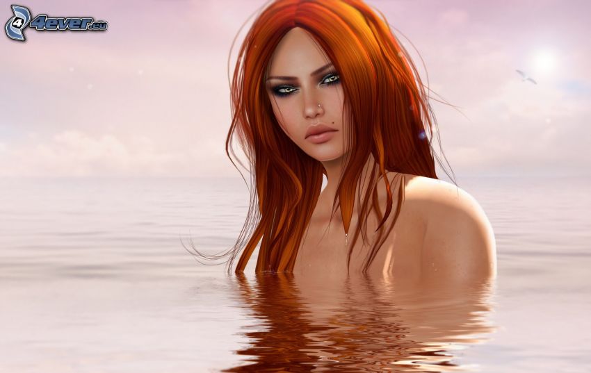 woman in water, cartoon woman, redhead