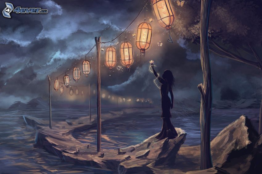 woman silhouette, lanterns, rocks, sea, dark clouds