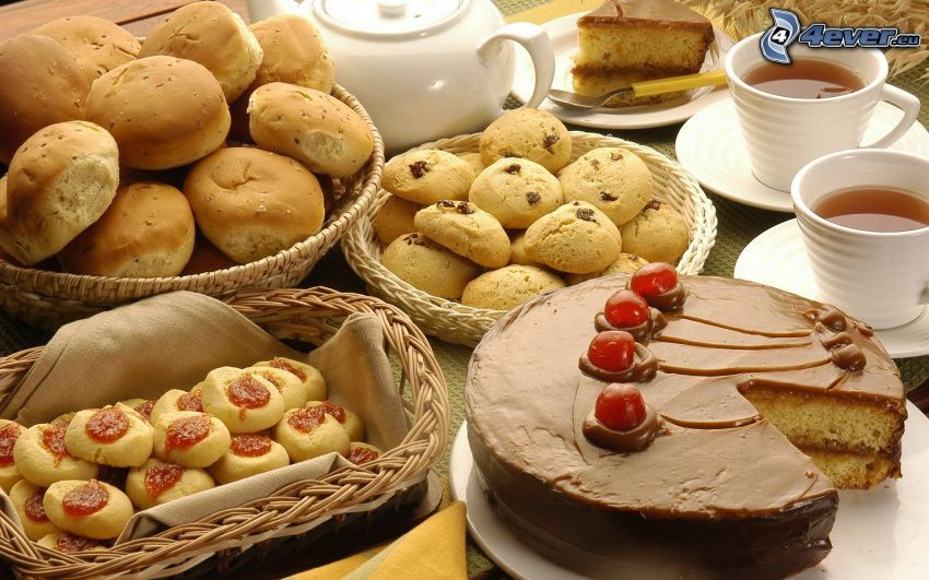 breakfast, bread, cookies, cake, tea